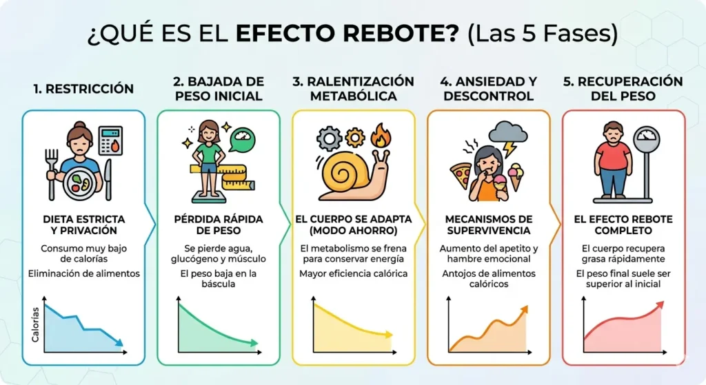 Esquema: 5 Fases del efecto rebote en las dietas